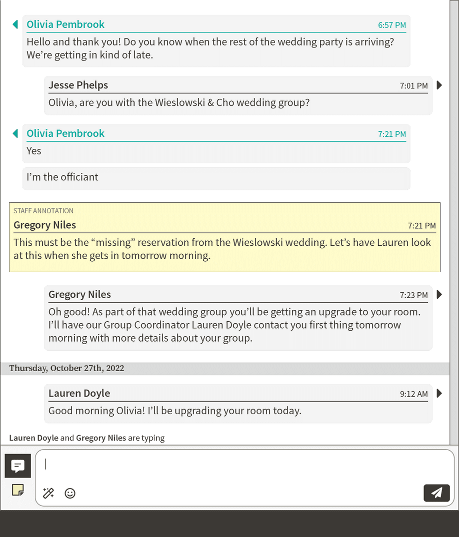 Showing a conversation with a guest where multiple staff members are communicating with the guest.