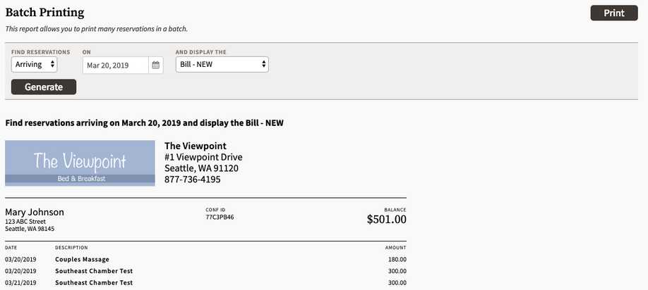 ThinkReservations Batch Printing report featuring drop-down selectors to set report parameters and preview of bill