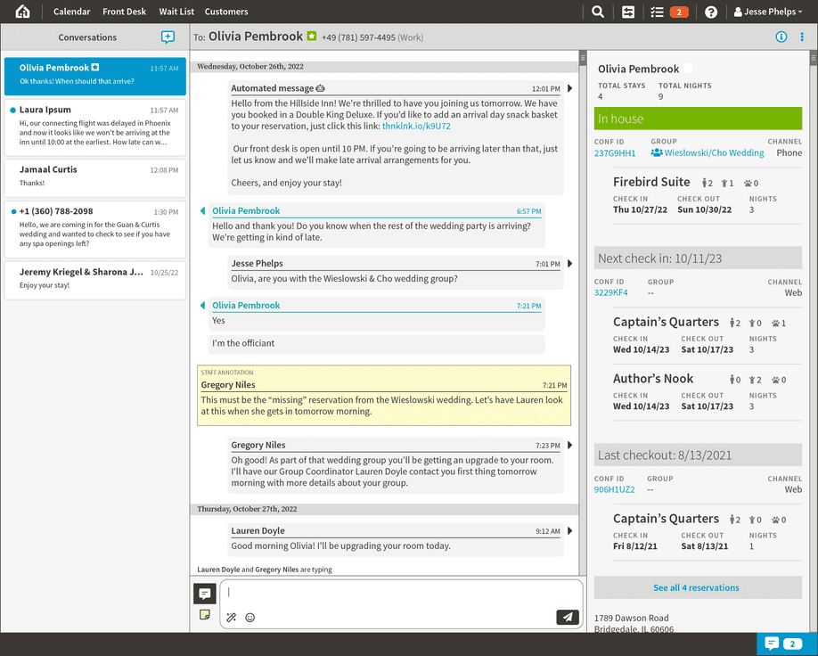 Desktop view of ThinkMessenger.  Left panel shows conversations.  Middle panel shows the messages for the active conversation.  Right panel shows contextual informationa about the guest.