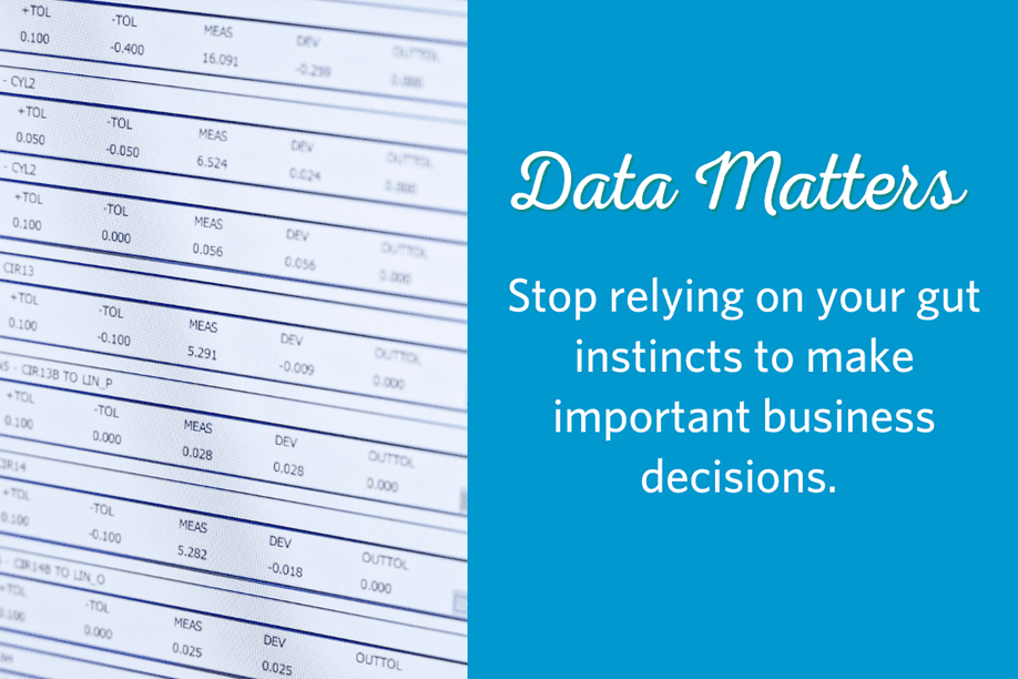 Zoomed in image of a spreadsheet report with the text Stop relying on your gut instincts to make important business decisions.
